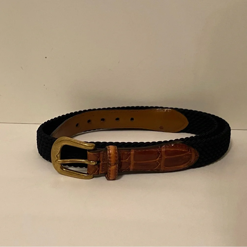 BRIGHTON MENS BELT NAVY BLUE BRAIDED CORD BROWN CROC LOOK LEATHER SIZE 36 USA